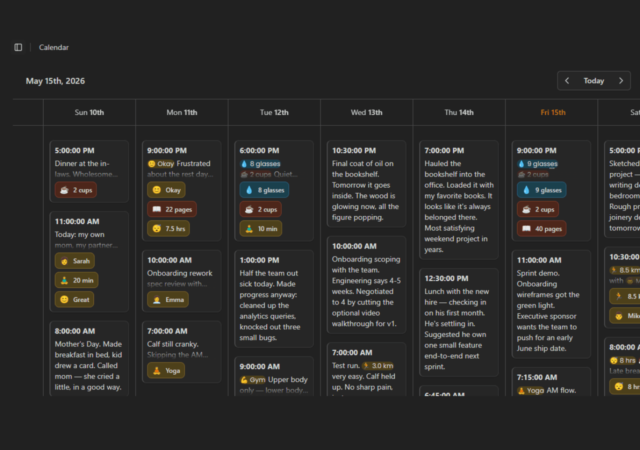 Calenvar app showing a feed of journal entries next to a calendar view, with colorful tagged chips inline in the text.