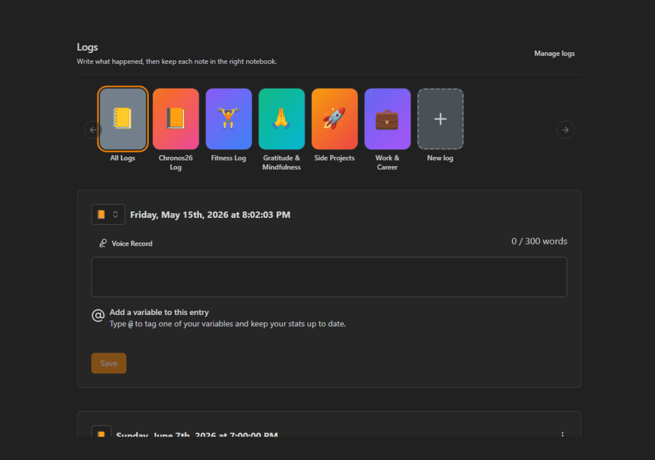 Calenvar app logs view showing structured entries derived from the journal feed.