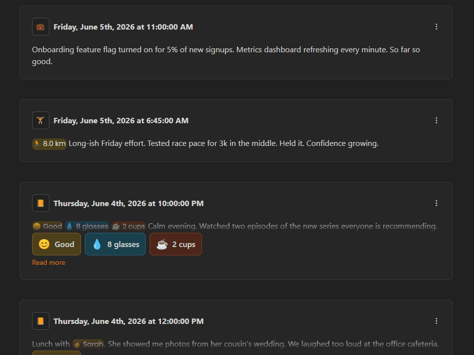 Side by side preview of the Calenvar feed of entries next to a monthly calendar with colored chips on each day.